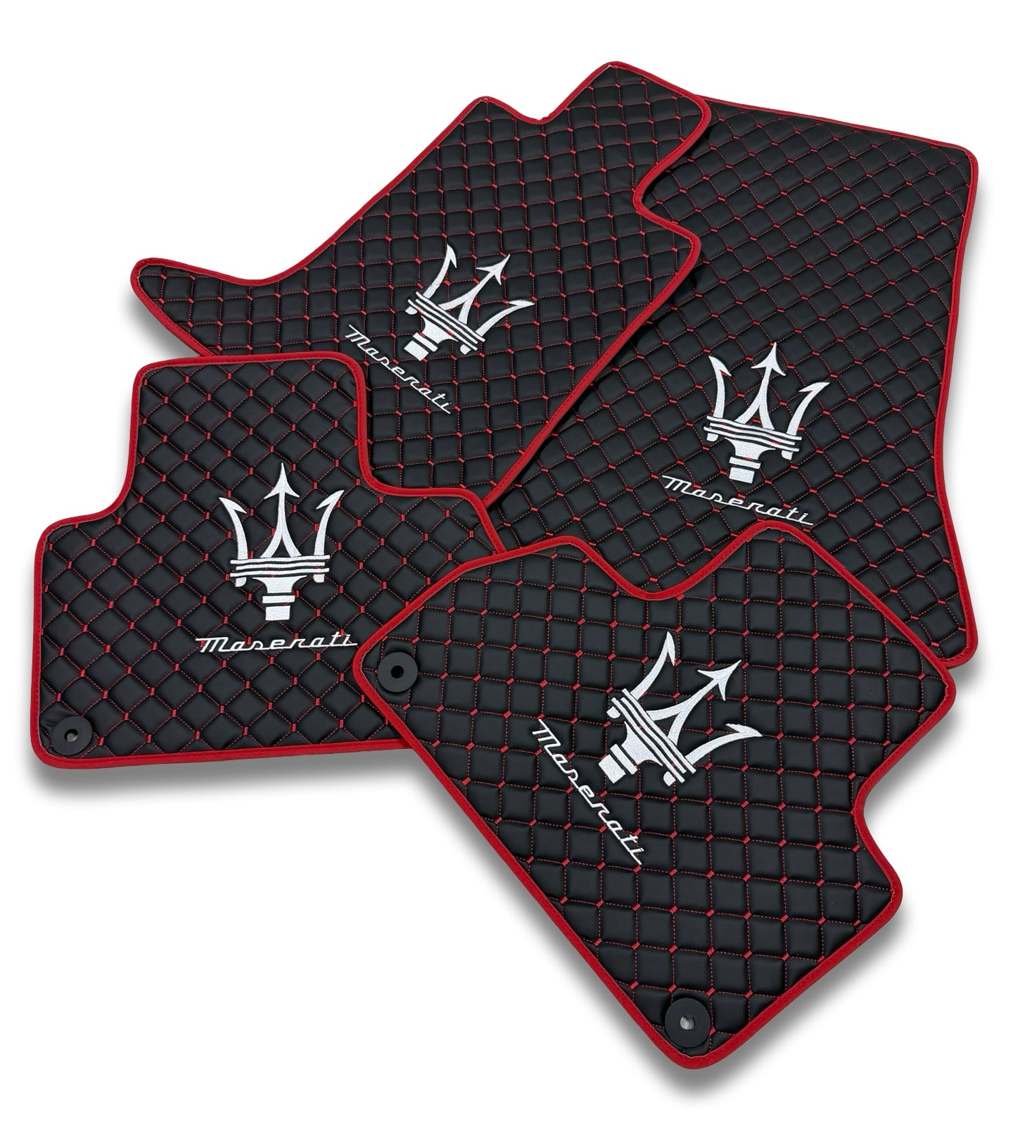 Luxury Leather Car Floor Mats Compatible With Maserati | Fits Ghibli-Quattroporte-GranCabrio-GranTurismo-Levante-Grecale-MC20 Models | Black Leather & Red Stitch & Red Edge