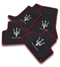 Luxury Leather Car Floor Mats Compatible With Maserati | Fits Ghibli, Quattroporte, GranTurismo, GranCabrio, Levante, Grecale, MC20, MCPURA, 4200 GT & More | Black Leather & Red Stitch & Red Edge