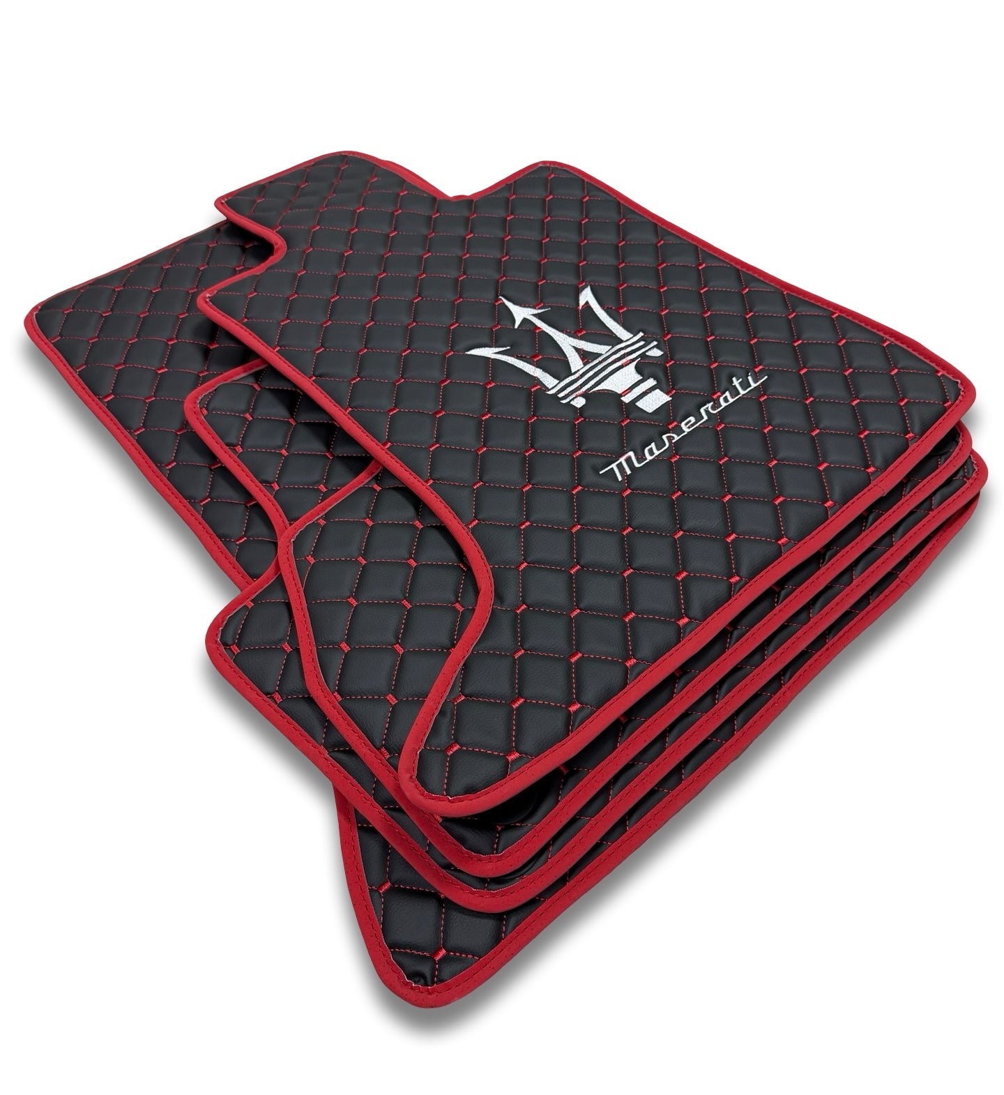Luxury Leather Car Floor Mats Compatible With Maserati | Fits Ghibli-Quattroporte-GranCabrio-GranTurismo-Levante-Grecale-MC20 Models | Black Leather & Red Stitch & Red Edge