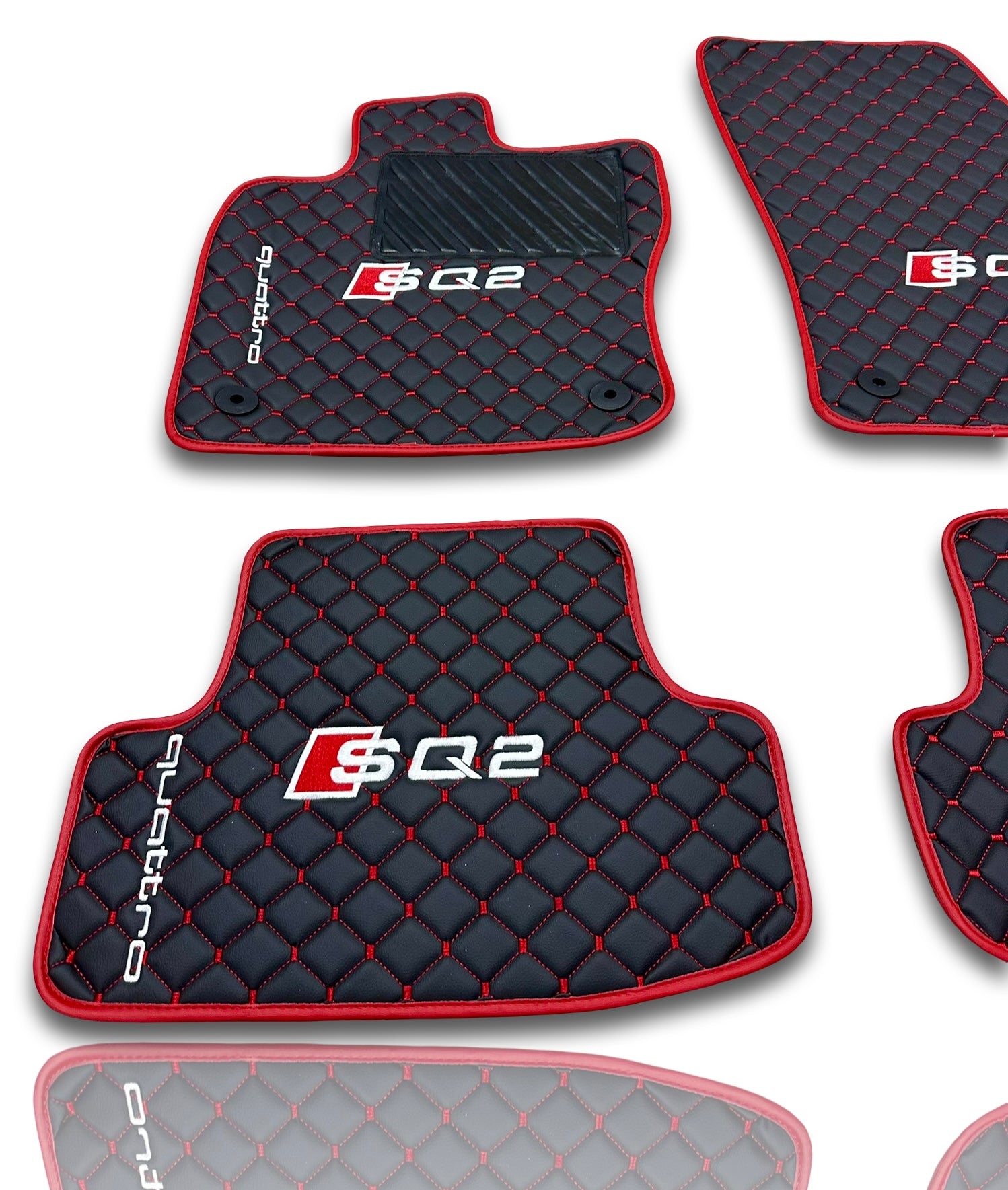 AUDİ Leather Luxury Car Floor Mats | Fits Q2 Models | Black Leather & Red Stitch