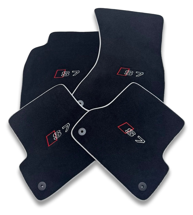 Tapis de sol de voiture en moquette de luxe compatibles avec Audi | Conviennent aux modèles A7 / S7 / RS7 | Sur mesure, logo brodé et fabriqués à la commande | Bordure grise