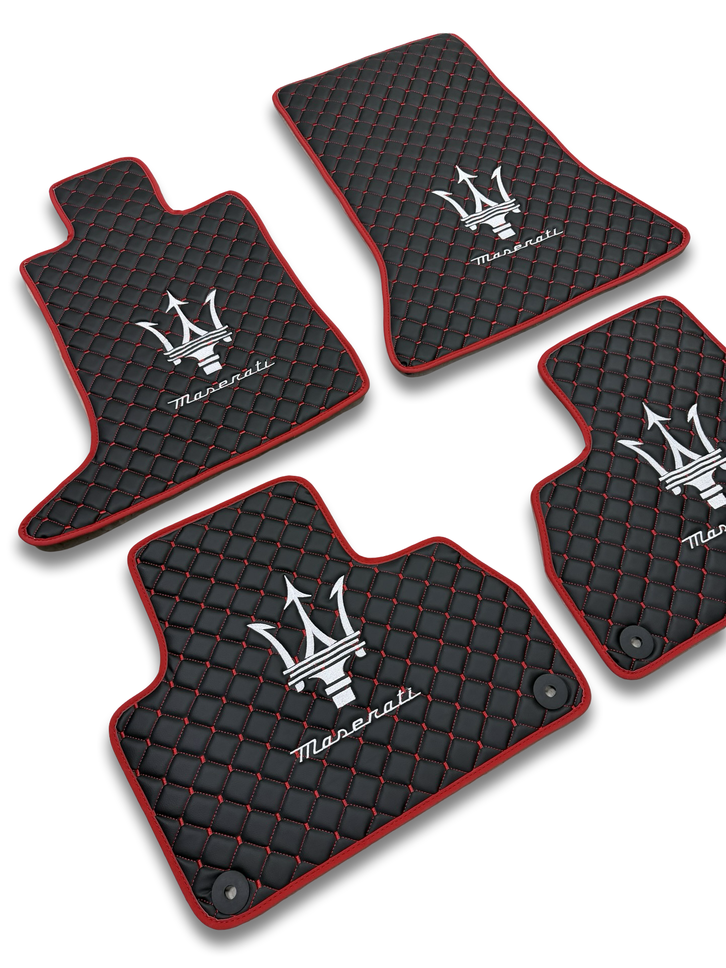 Luxury Leather Car Floor Mats Compatible With Maserati | Fits Ghibli-Quattroporte-GranCabrio-GranTurismo-Levante-Grecale-MC20 Models | Black Leather & Red Stitch & Red Edge