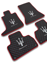 Luxury Leather Car Floor Mats Compatible With Maserati | Fits Ghibli, Quattroporte, GranTurismo, GranCabrio, Levante, Grecale, MC20, MCPURA, 4200 GT & More | Black Leather & Red Stitch & Red Edge