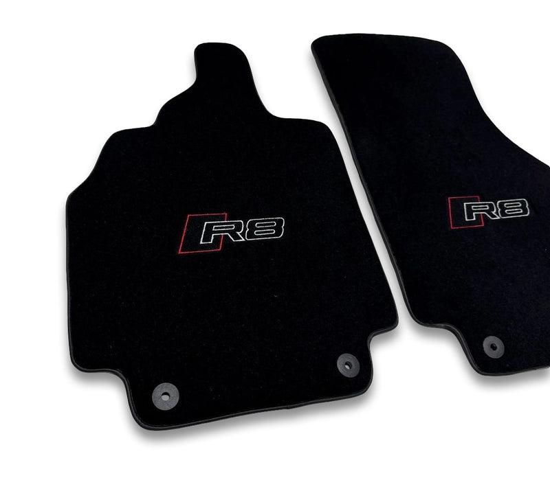 Tapis de sol de voiture en moquette de luxe compatibles avec Audi | Conviennent aux modèles R8 | Sur mesure, logo brodé et fabriqués à la commande | Bordure noire
