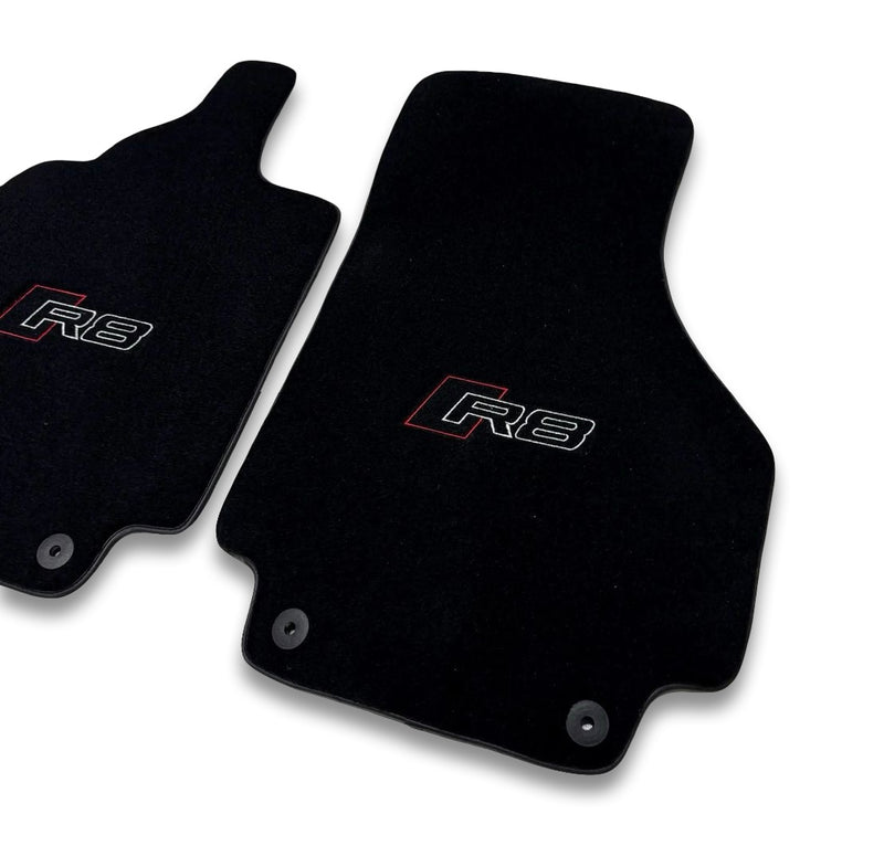 Tapis de sol de voiture en moquette de luxe compatibles avec Audi | Conviennent aux modèles R8 | Sur mesure, logo brodé et fabriqués à la commande | Bordure noire