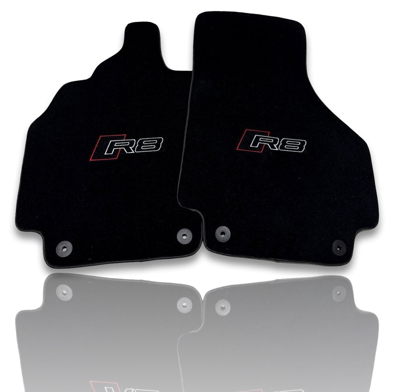 Tapis de sol de voiture en moquette de luxe compatibles avec Audi | Conviennent aux modèles R8 | Sur mesure, logo brodé et fabriqués à la commande | Bordure noire