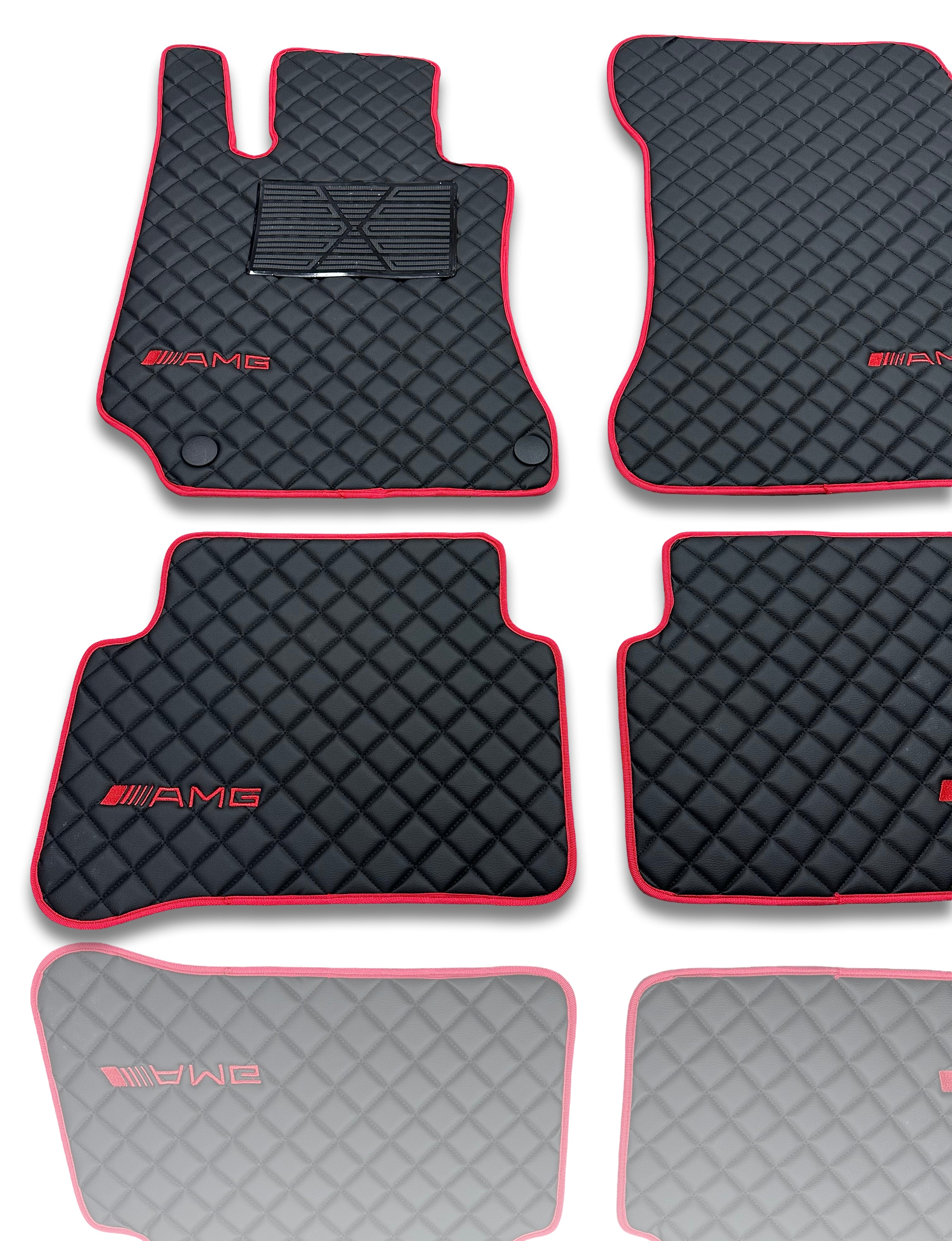 Luxury Leather Car Floor Mats Compatible With Mercedes-Benz | Fits A-B-C-CL Series-E-EQ Series-S-SL Series-G-GL Series-ML-MAYBACH-R-AMG Models | Red Leather & Red Stitch