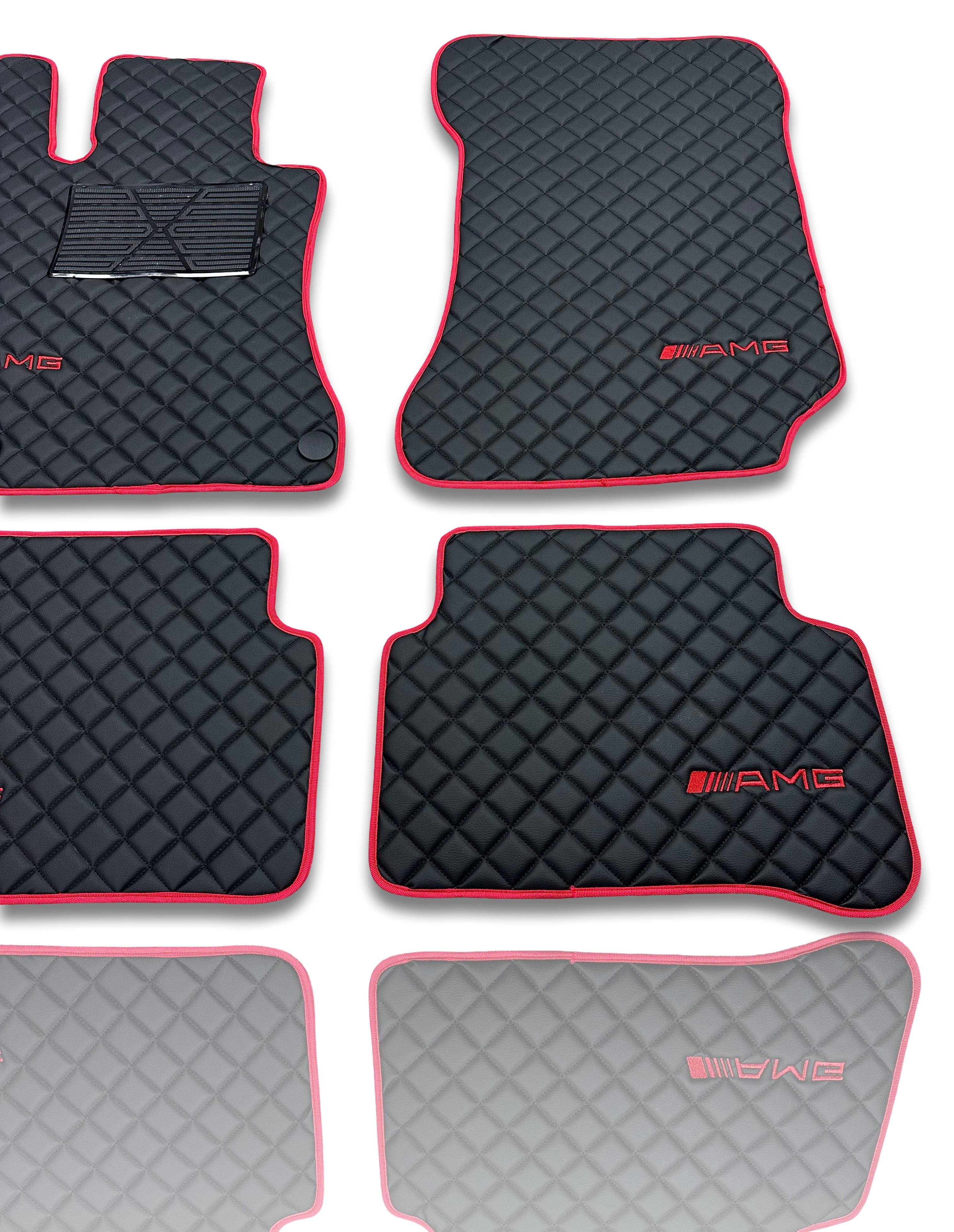 Luxury Leather Car Floor Mats Compatible With Mercedes-Benz | Fits A-B-C-CL Series-E-EQ Series-S-SL Series-G-GL Series-ML-MAYBACH-R-AMG Models | Red Leather & Red Stitch