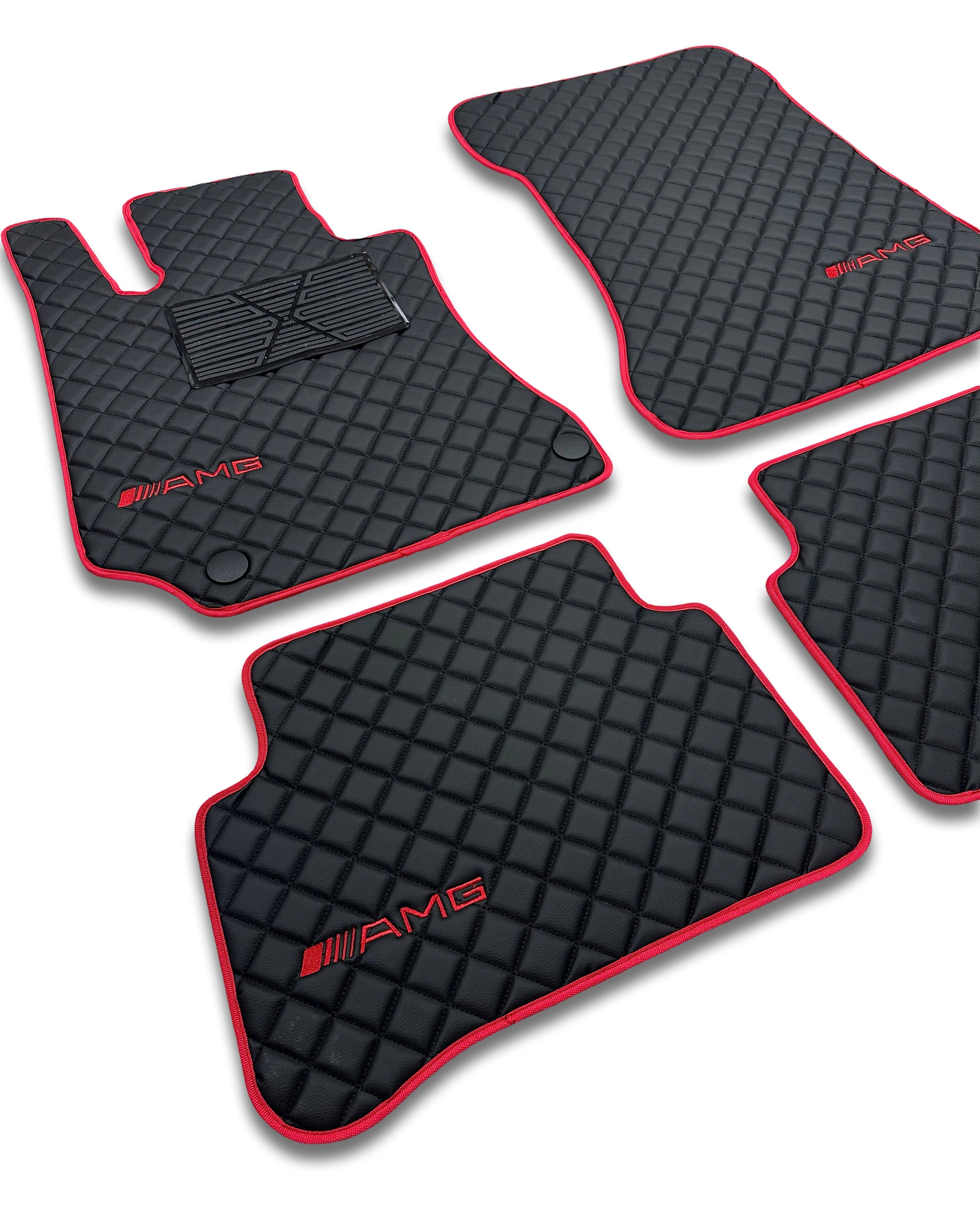 MERCEDES-BENZ Tappetini per auto di lusso in pelle | Adatti per modelli A-B-C-CL Series-E-EQ Series-S-SL Series-G-GL Series-ML-MAYBACH-R-AMG | Pelle nera & cuciture nere & bordo rosso