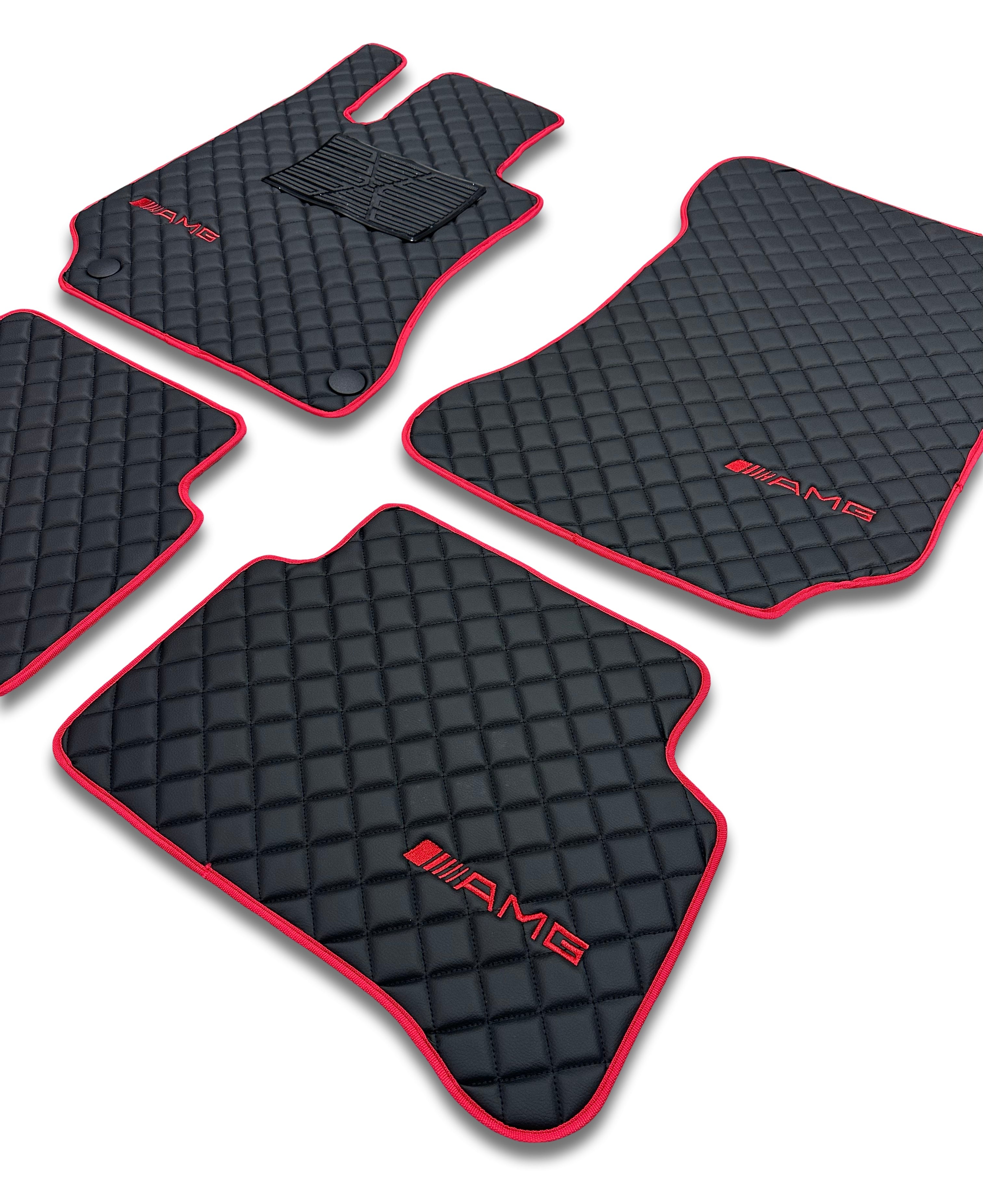 Luxury Leather Car Floor Mats Compatible With Mercedes-Benz | Fits A-B-C-CL Series-E-EQ Series-S-SL Series-G-GL Series-ML-MAYBACH-R-AMG Models | Red Leather & Red Stitch
