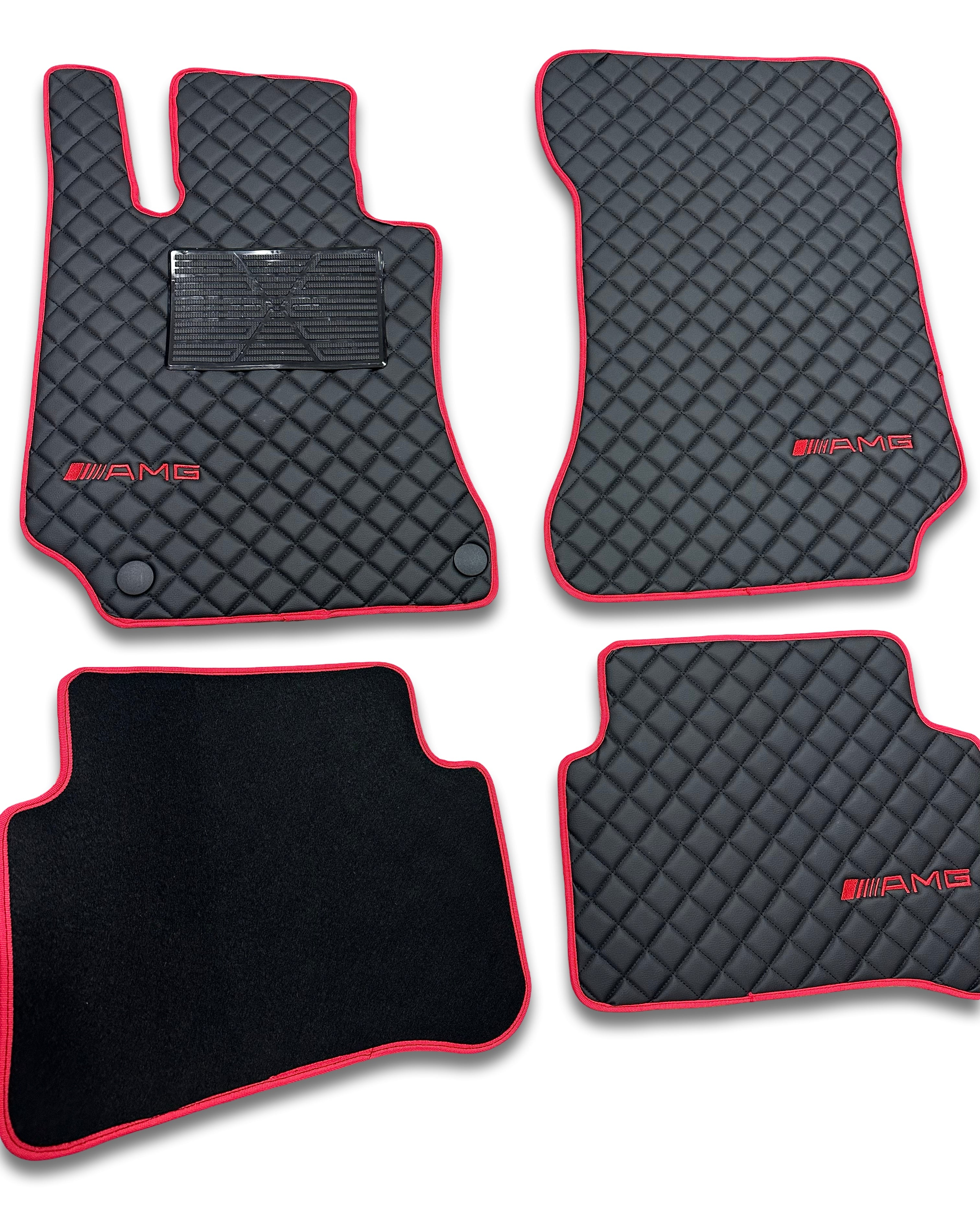 Luxury Leather Car Floor Mats Compatible With Mercedes-Benz | Fits A-B-C-CL Series-E-EQ Series-S-SL Series-G-GL Series-ML-MAYBACH-R-AMG Models | Red Leather & Red Stitch