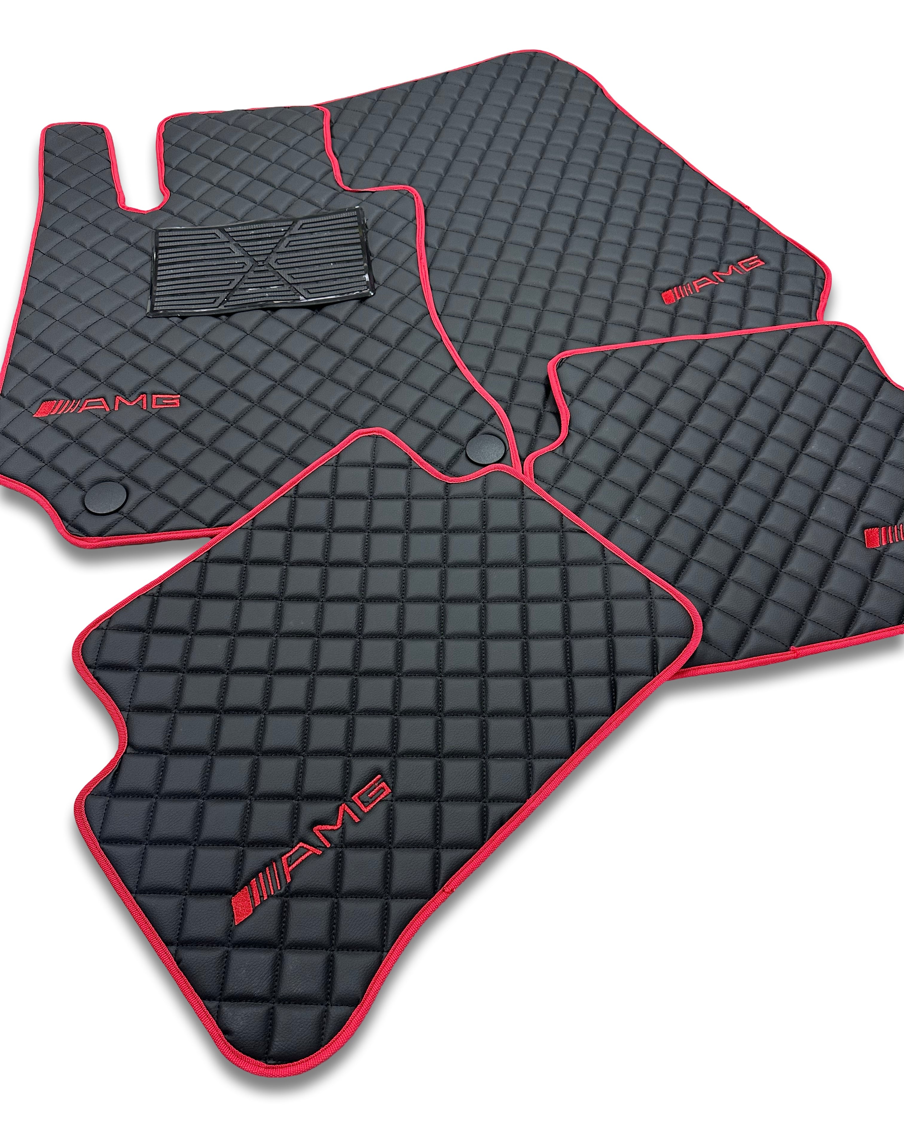 Luxury Leather Car Floor Mats Compatible With Mercedes-Benz | Fits A-B-C-CL Series-E-EQ Series-S-SL Series-G-GL Series-ML-MAYBACH-R-AMG Models | Red Leather & Red Stitch
