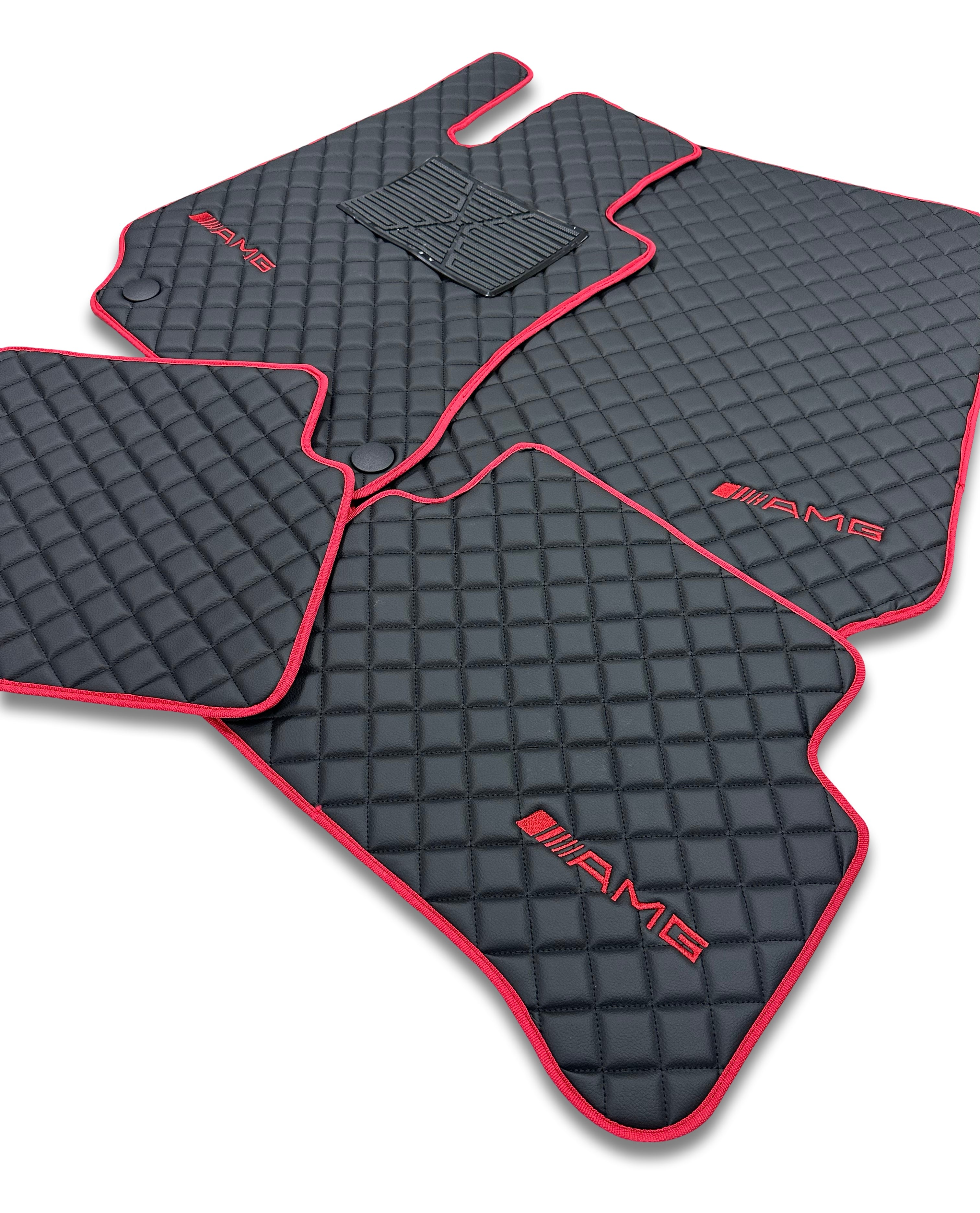MERCEDES-BENZ Tappetini per auto di lusso in pelle | Adatti per modelli A-B-C-CL Series-E-EQ Series-S-SL Series-G-GL Series-ML-MAYBACH-R-AMG | Pelle nera & cuciture nere & bordo rosso