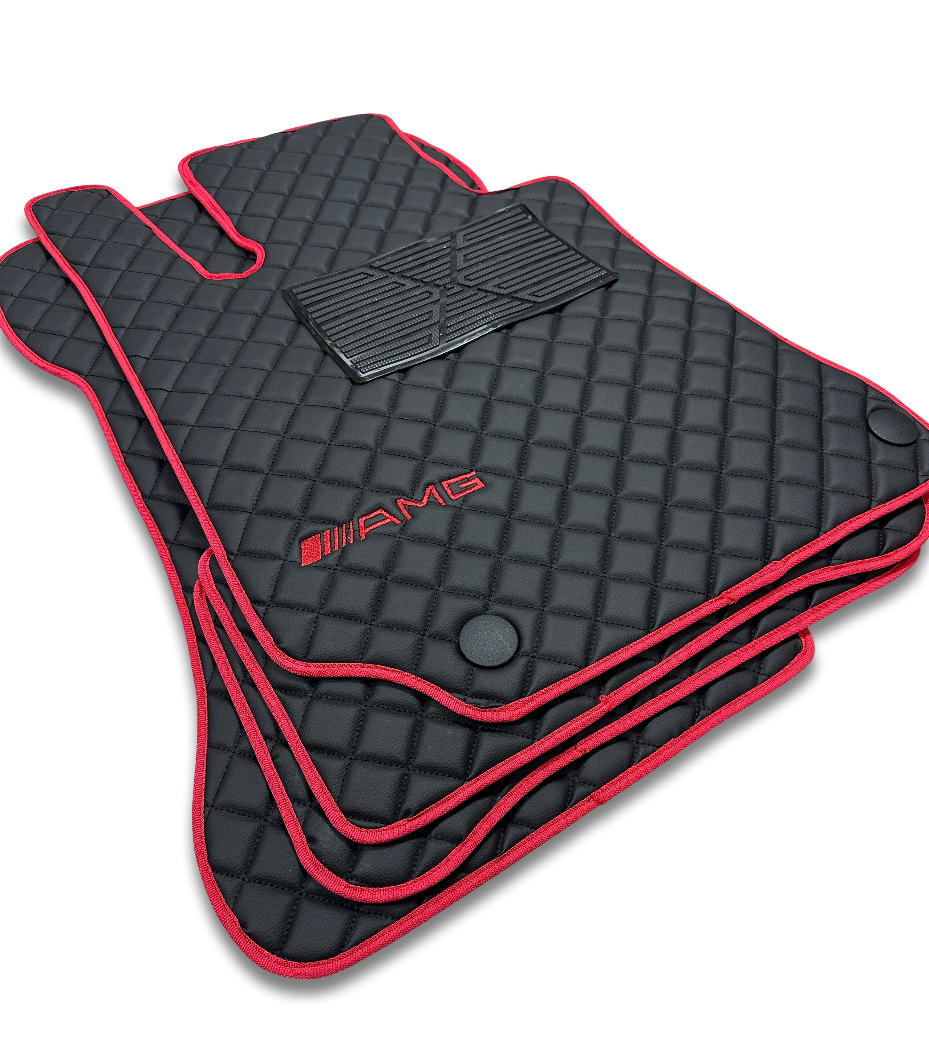 MERCEDES-BENZ Tappetini per auto di lusso in pelle | Adatti per modelli A-B-C-CL Series-E-EQ Series-S-SL Series-G-GL Series-ML-MAYBACH-R-AMG | Pelle nera & cuciture nere & bordo rosso