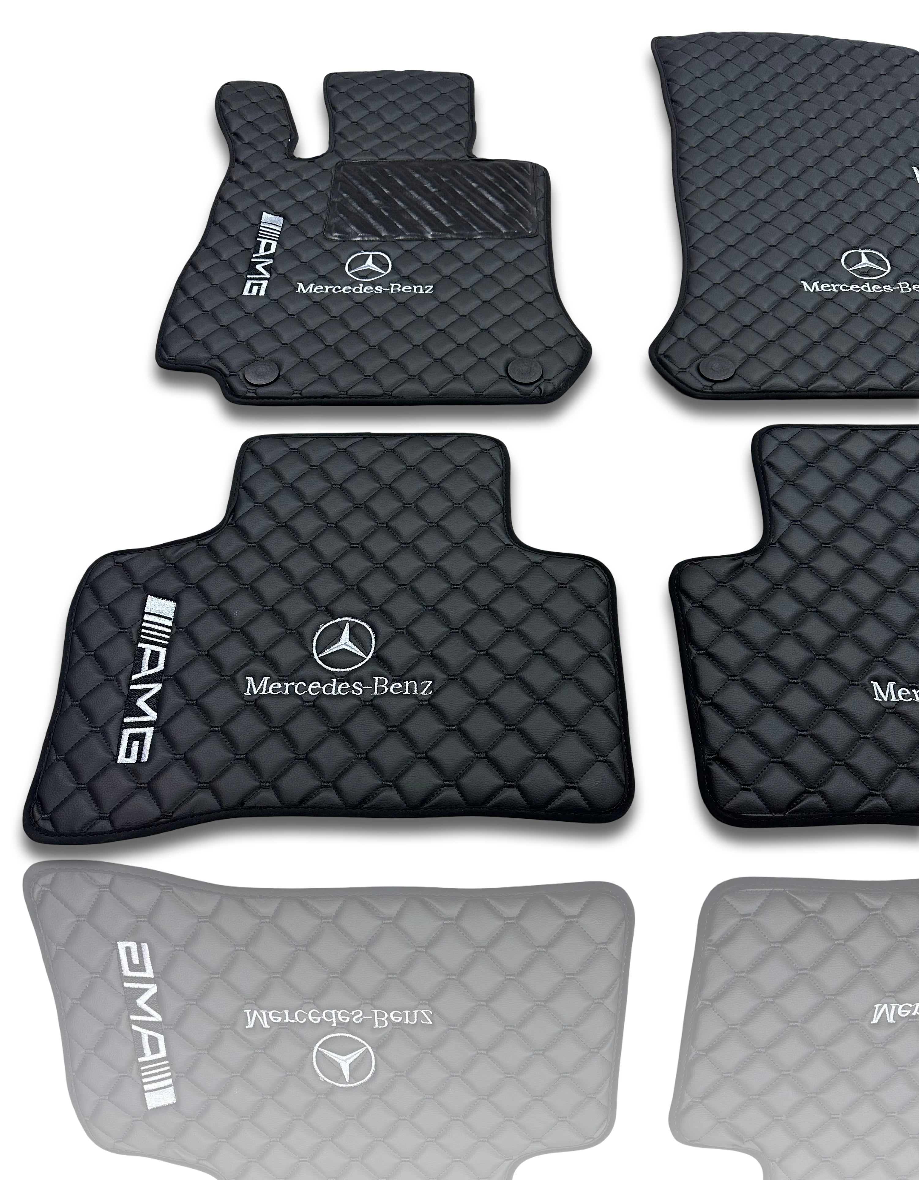 Luxury Leather Car Floor Mats Compatible With MERCEDES-BENZ | Fits A-B-C-CL Series-E-EQ Series-S-SL Series-G-GL Series-ML-MAYBACH-R-AMG Models | Black Leather & Black Stitch
