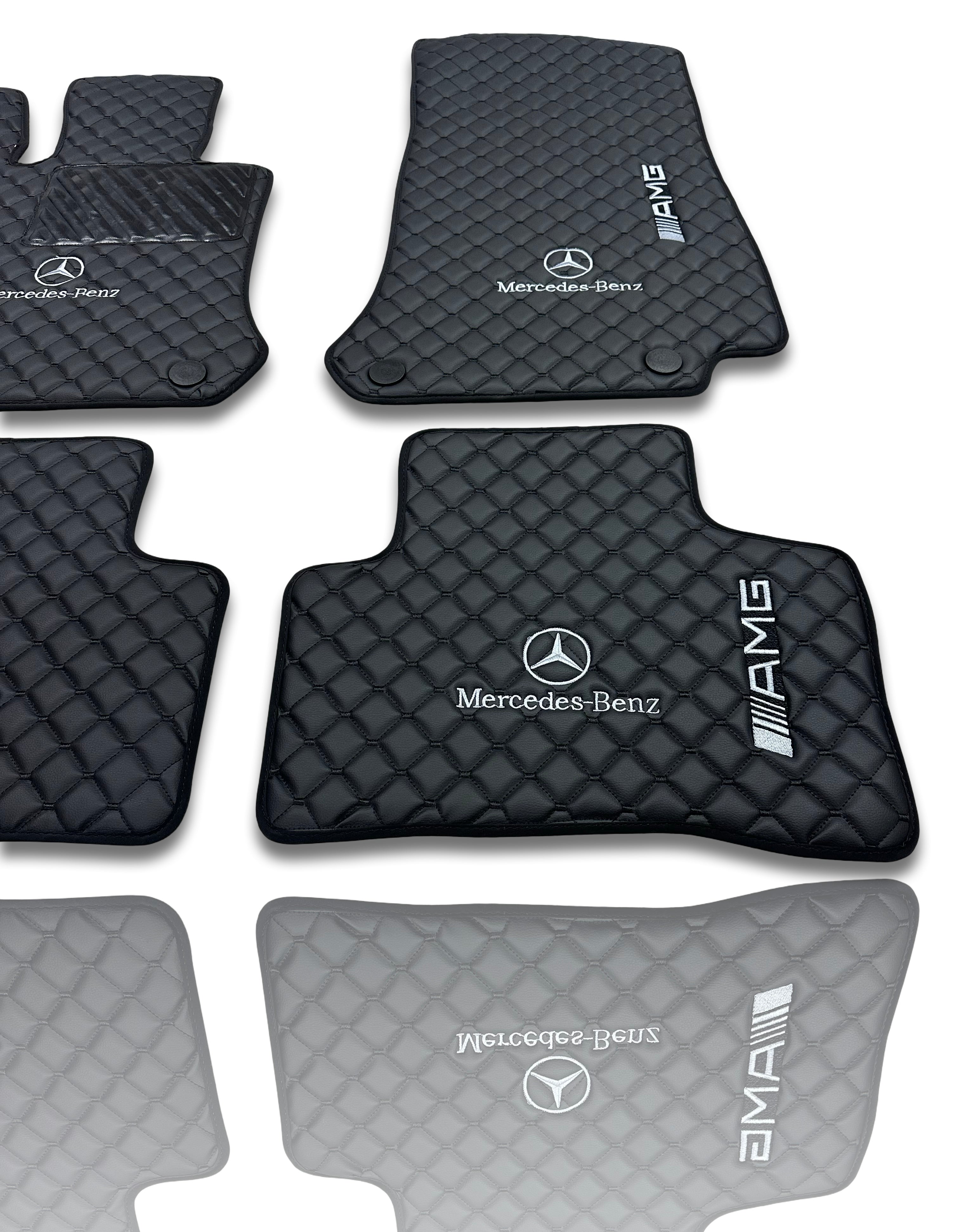 MERCEDES-BENZ Tappetini per auto di lusso in pelle | Adatti per modelli delle serie A-B-C-CL-E-EQ-S-SL-G-GL-ML-MAYBACH-R-AMG | Pelle nera e cuciture nere