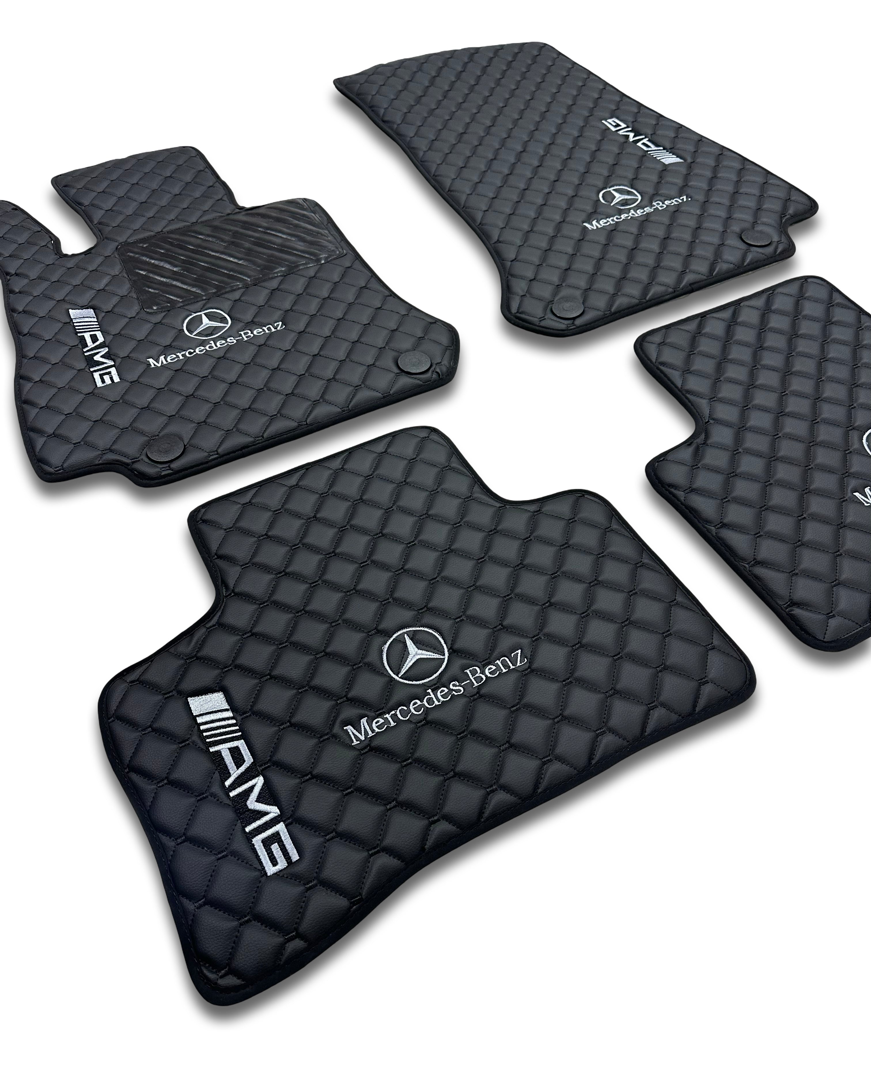 MERCEDES-BENZ Tappetini per auto di lusso in pelle | Adatti per modelli delle serie A-B-C-CL-E-EQ-S-SL-G-GL-ML-MAYBACH-R-AMG | Pelle nera e cuciture nere