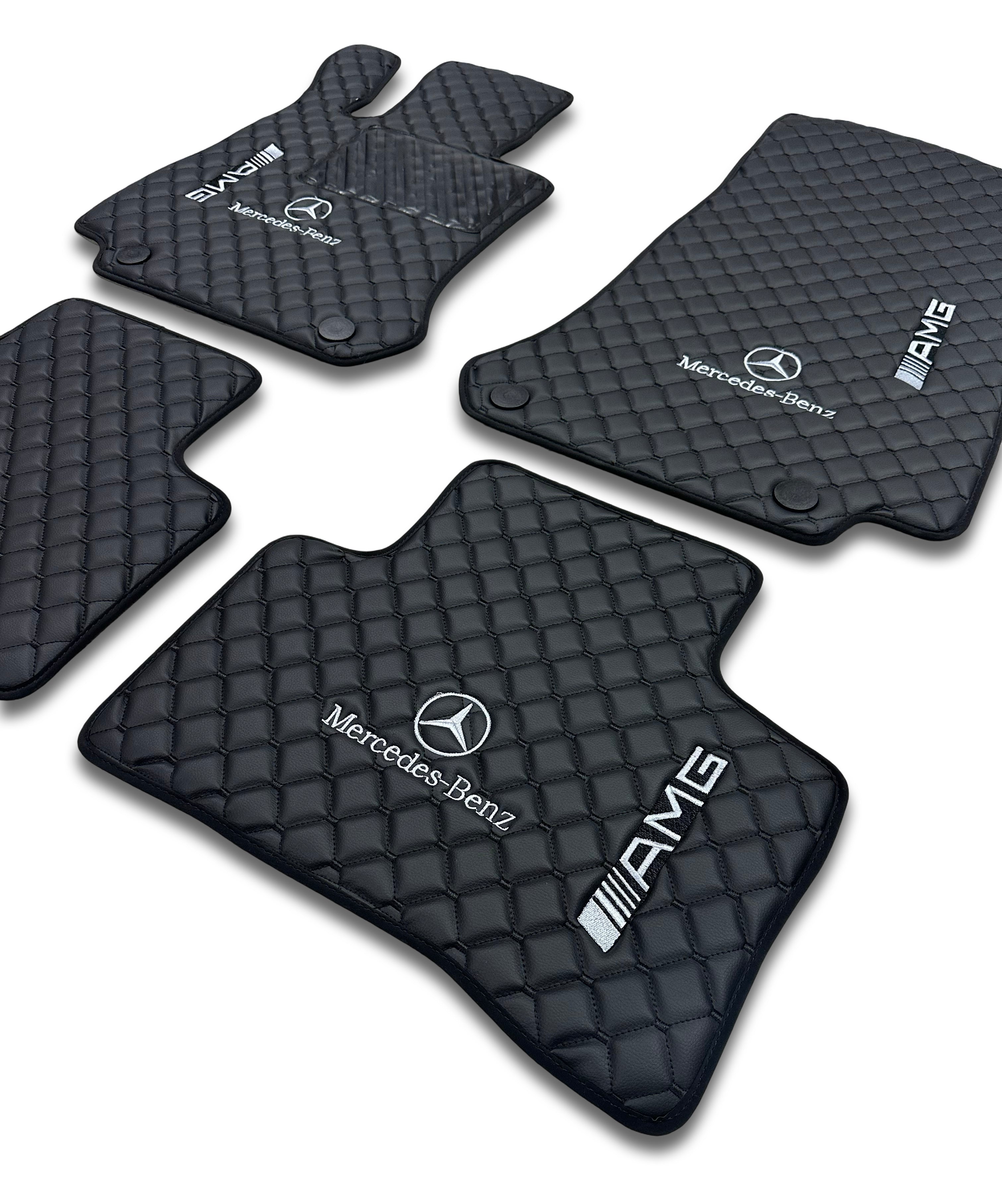MERCEDES-BENZ Tappetini per auto di lusso in pelle | Adatti per modelli delle serie A-B-C-CL-E-EQ-S-SL-G-GL-ML-MAYBACH-R-AMG | Pelle nera e cuciture nere