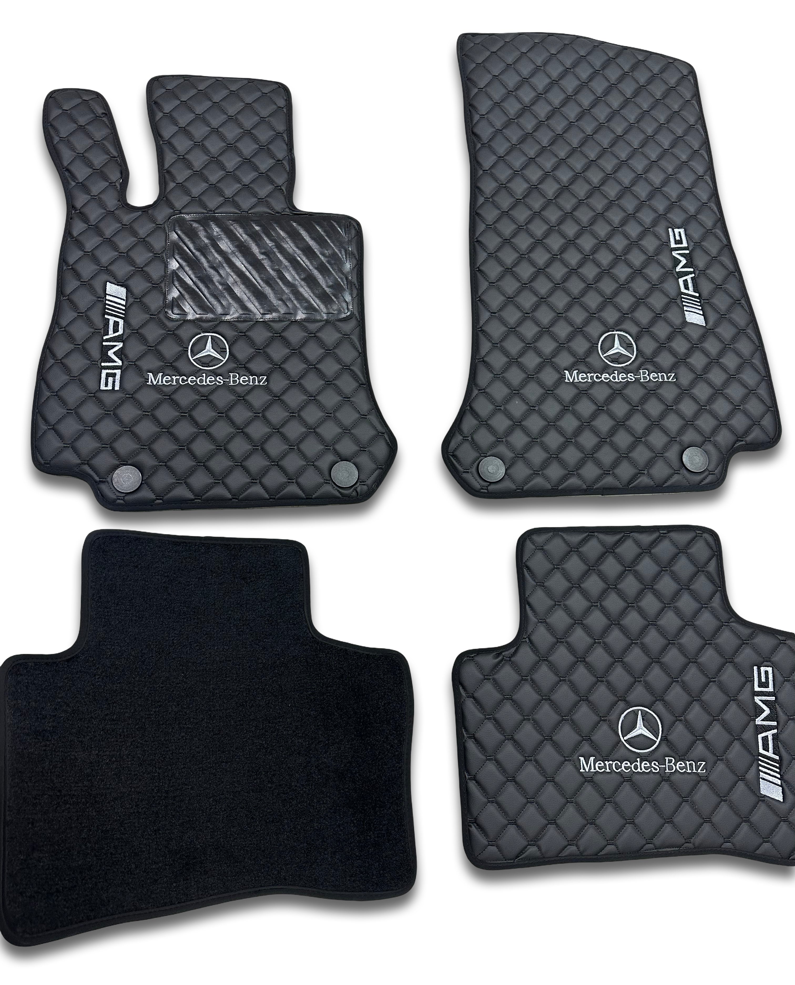 Luxury Leather Car Floor Mats Compatible With MERCEDES-BENZ | Fits A-B-C-CL Series-E-EQ Series-S-SL Series-G-GL Series-ML-MAYBACH-R-AMG Models | Black Leather & Black Stitch