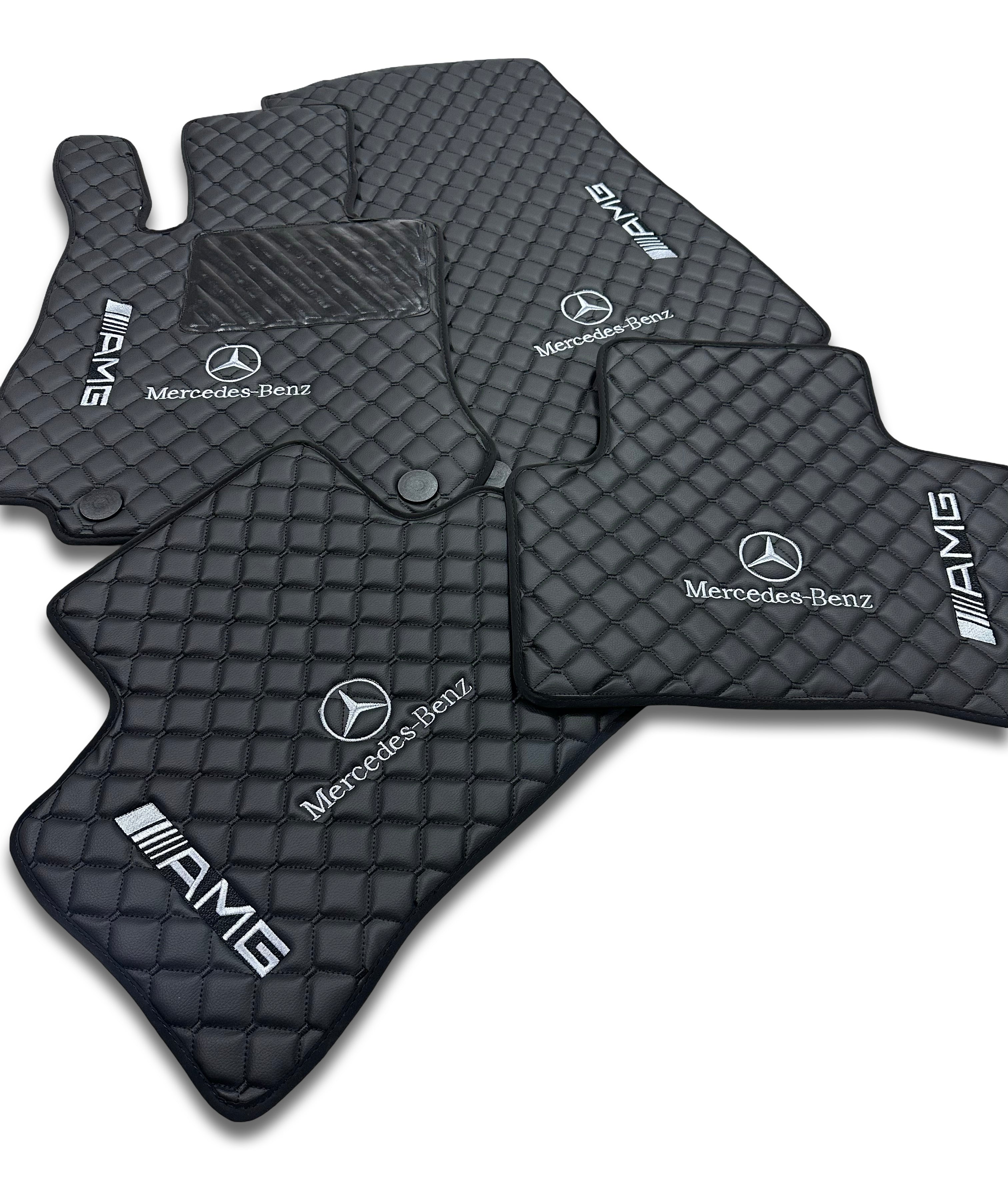MERCEDES-BENZ Tappetini per auto di lusso in pelle | Adatti per modelli delle serie A-B-C-CL-E-EQ-S-SL-G-GL-ML-MAYBACH-R-AMG | Pelle nera e cuciture nere