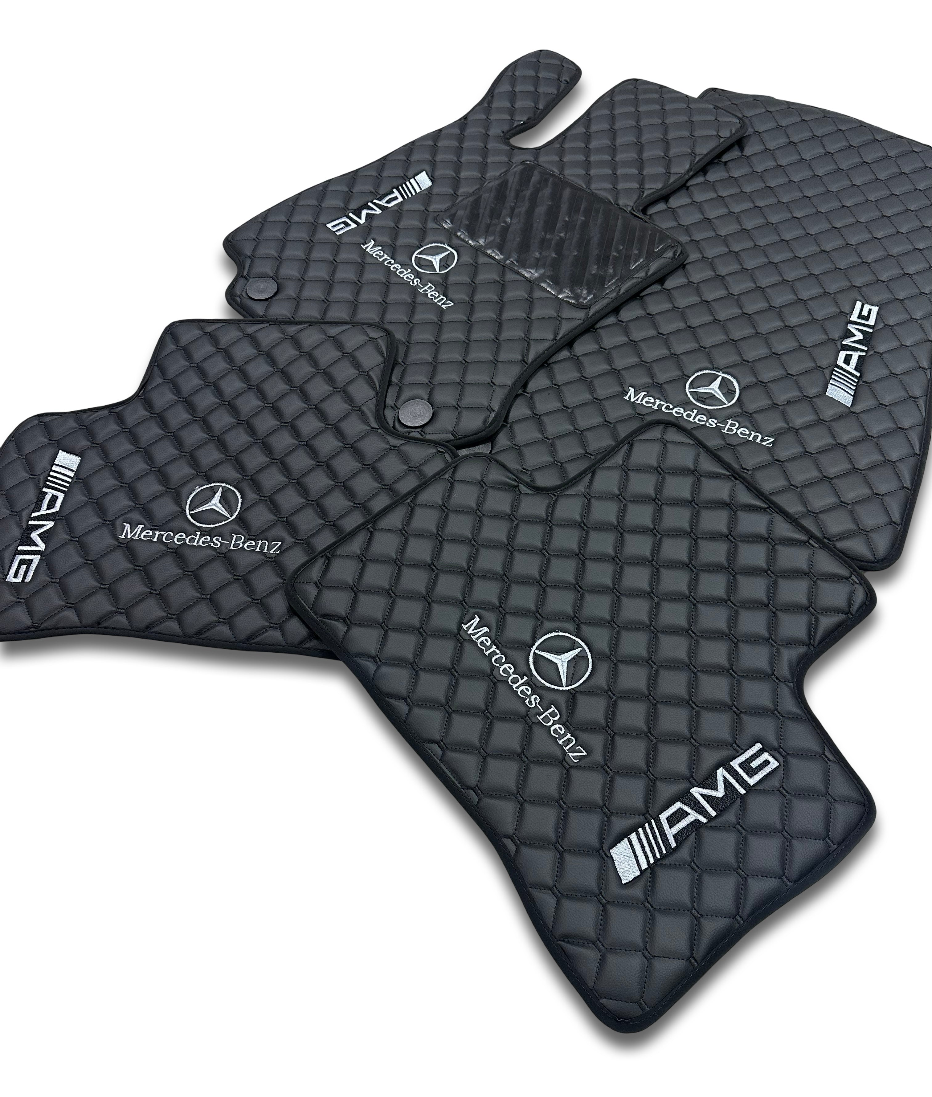 MERCEDES-BENZ Tappetini per auto di lusso in pelle | Adatti per modelli delle serie A-B-C-CL-E-EQ-S-SL-G-GL-ML-MAYBACH-R-AMG | Pelle nera e cuciture nere