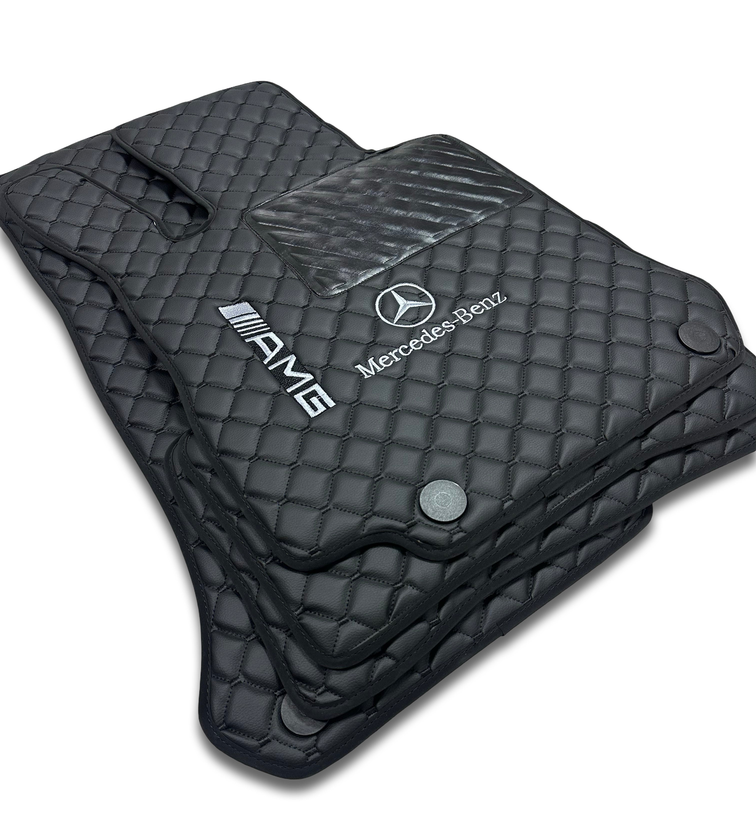MERCEDES-BENZ Tappetini per auto di lusso in pelle | Adatti per modelli delle serie A-B-C-CL-E-EQ-S-SL-G-GL-ML-MAYBACH-R-AMG | Pelle nera e cuciture nere