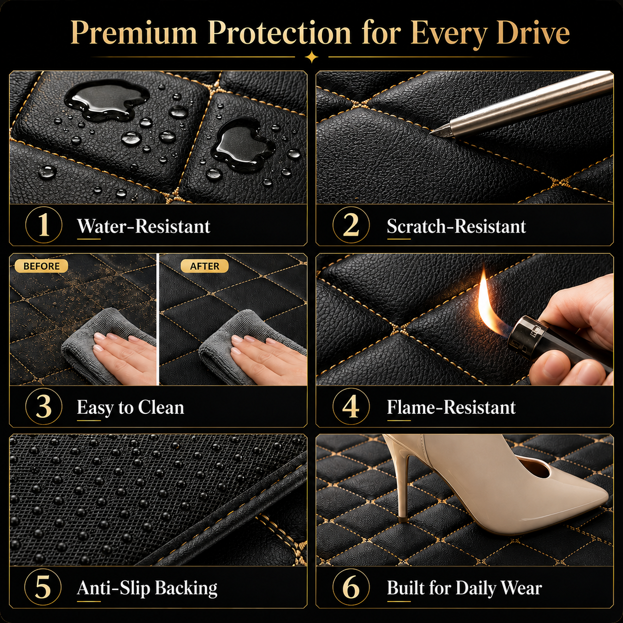 Luxuriöse Leder-Automatten kompatibel mit MERCEDES-BENZ | Passend für die Modelle der A-, B-, C-, CL-, E-, EQ-, S-, SL-, G-, GL-, ML-, MAYBACH-, R- und AMG-Baureihen | Schwarzes Leder und weiße Nähte