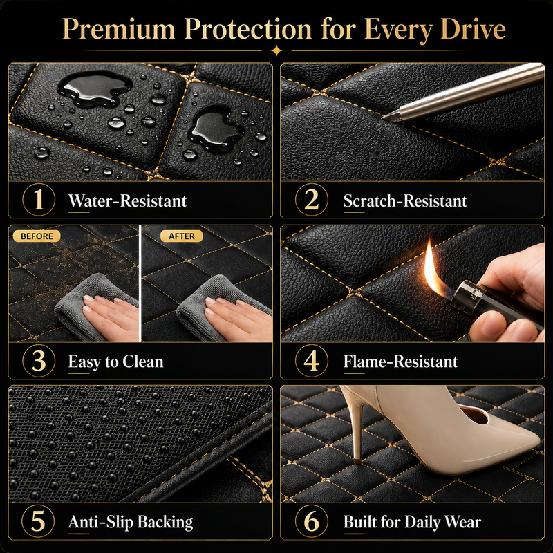 Tappetini auto in pelle di lusso compatibili con i modelli AUDI | Adatti ai modelli A1, A2, A3, A4, A5, A6, A7, A8, Q2, Q3, Q4 e-tron, Q5, Q6 e-tron, Q7, Q8, Q8 e-tron, e-tron GT, TT, R8, Allroad, S, RS | Pelle nera e cuciture rosse
