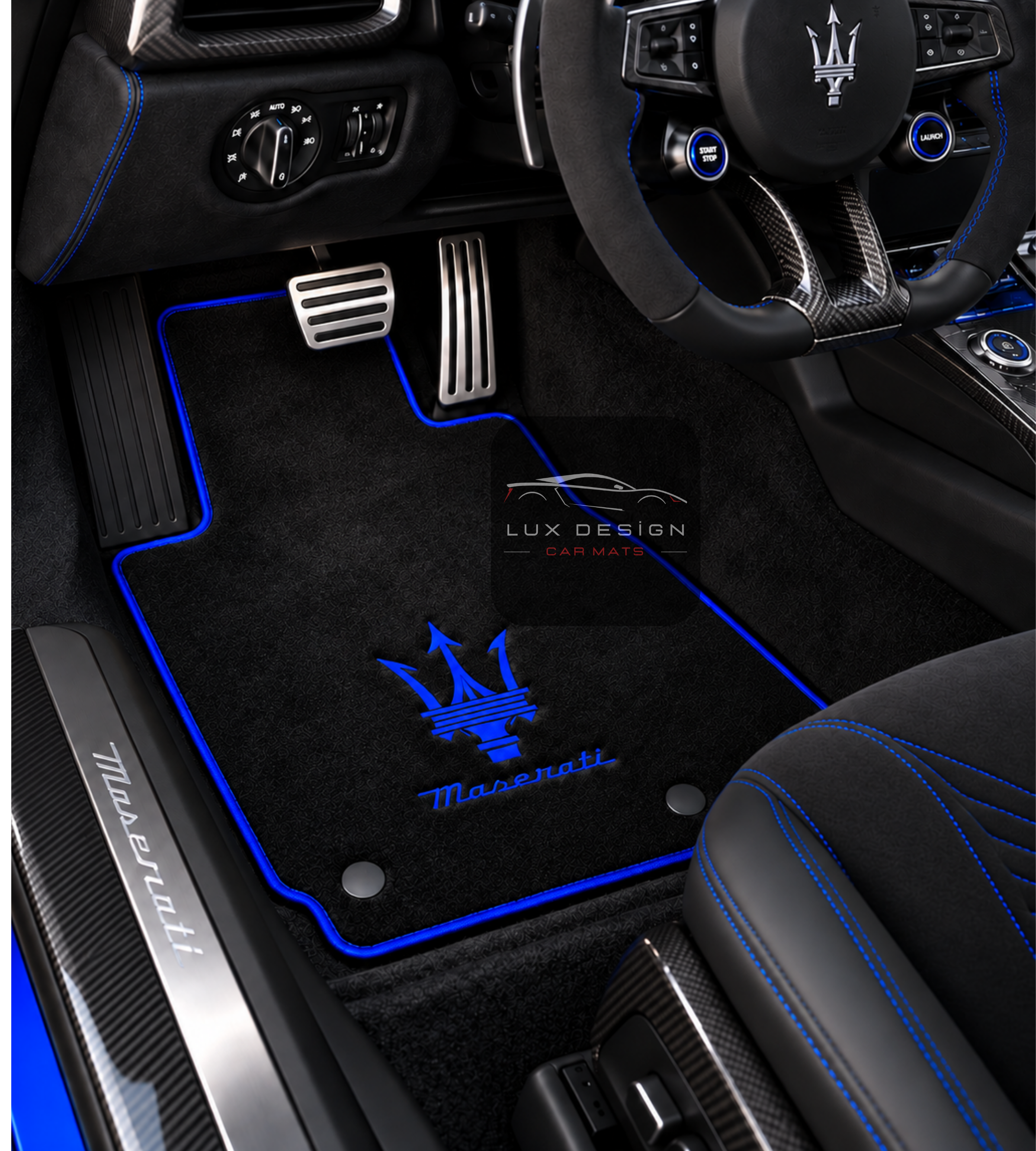 Luxus-Autofußmatten aus Teppich, kompatibel mit MASERATİ | Passend für die Modelle Ghibli, Quattroporte, GranCabrio, GranTurismo, Levante, Grecale, MC20, MCPURA & 4200 GT | Braumeinfassung