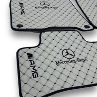 MERCEDES-BENZ Leather Premium Luxury Car Floor Mat Set Beige And Black Stitch