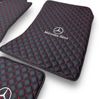 MERCEDES-BENZ Leather Premium Luxury Car Floor Mat Set Black And Red Stitch