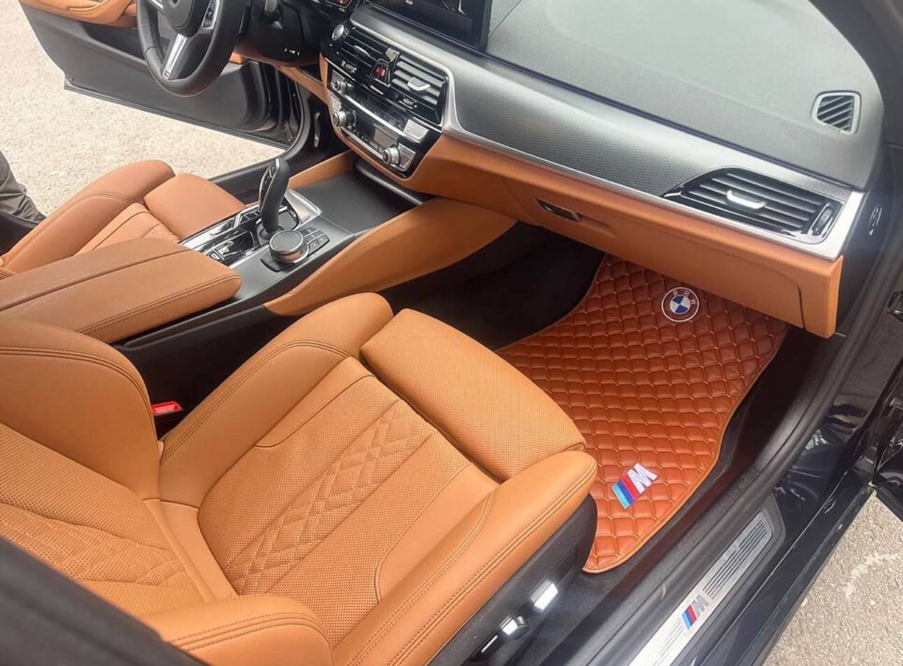 BMW Leather Luxury Car Floor Mats | Fits 1-2-3-4-5-6-7-8-M2-M3-M4-M5-M6-M8-X1-X2-X3-X4-X5-X6-X7-Z3-Z4-i3-i4-i5 Models | Brown Leather & Brown Stitch