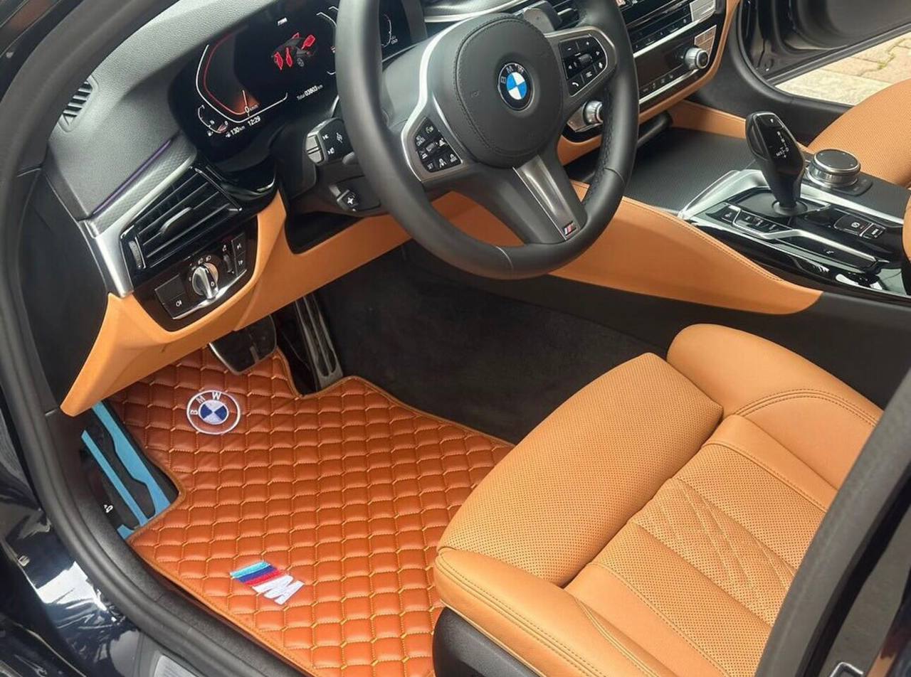 BMW Leather Luxury Car Floor Mats | Fits 1-2-3-4-5-6-7-8-M2-M3-M4-M5-M6-M8-X1-X2-X3-X4-X5-X6-X7-Z3-Z4-i3-i4-i5 Models | Brown Leather & Brown Stitch