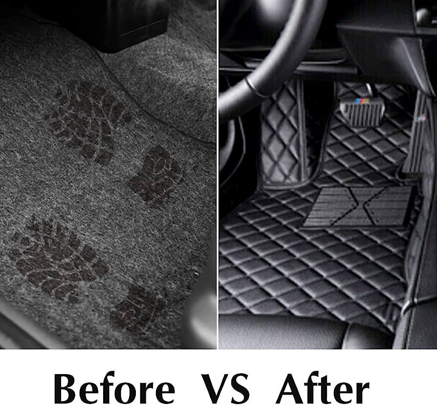 MERCEDES-BENZ Leather Luxury Car Floor Mats | Fits A-B-C-CL Series-E-EQ Series-S-SL Series-G-GL Series-ML-MAYBACH-R-AMG Models | Black Leather & Brown Stitch
